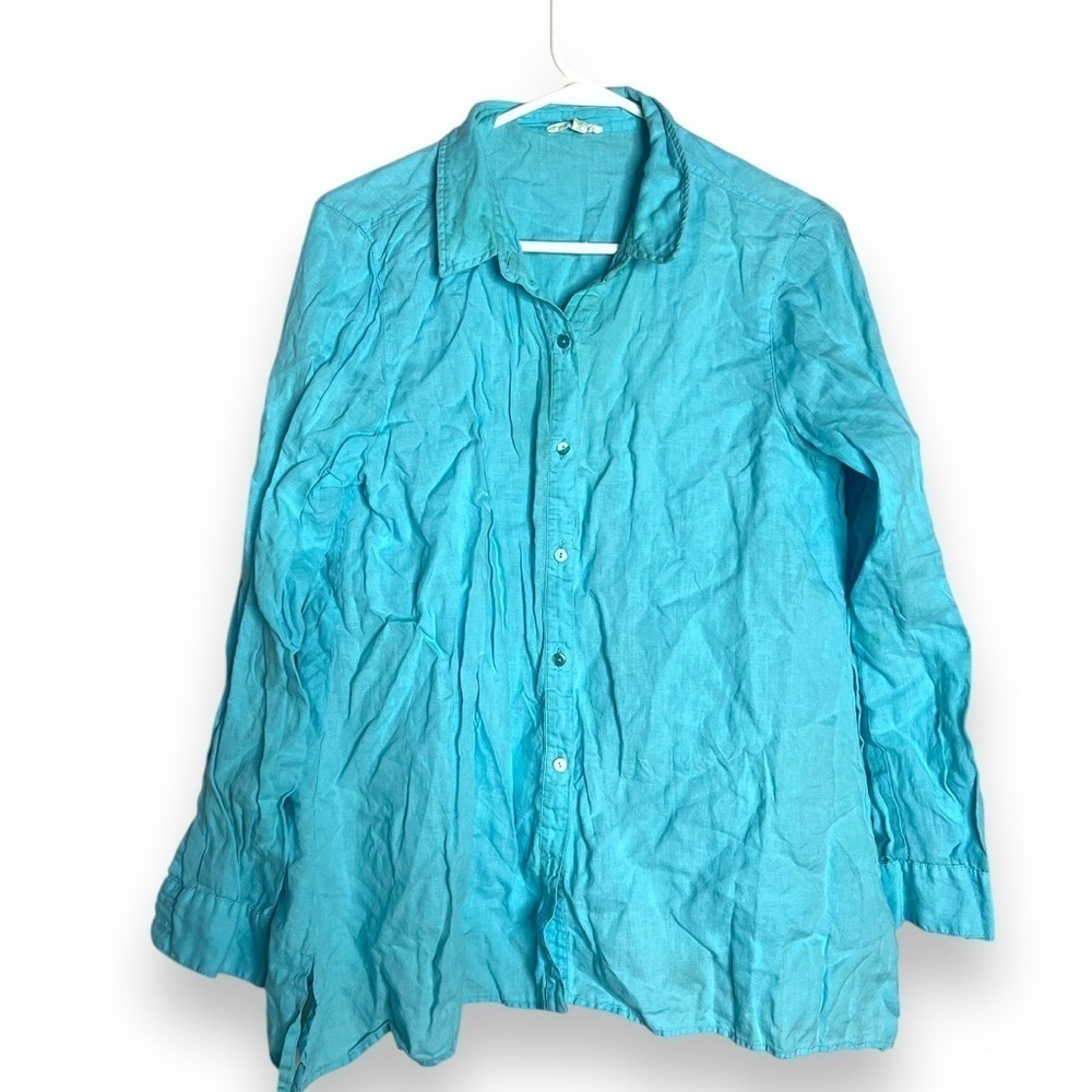 Eileen Fisher Blue Linen Shirt Womens Petite Medium Long Sleeve Button Down